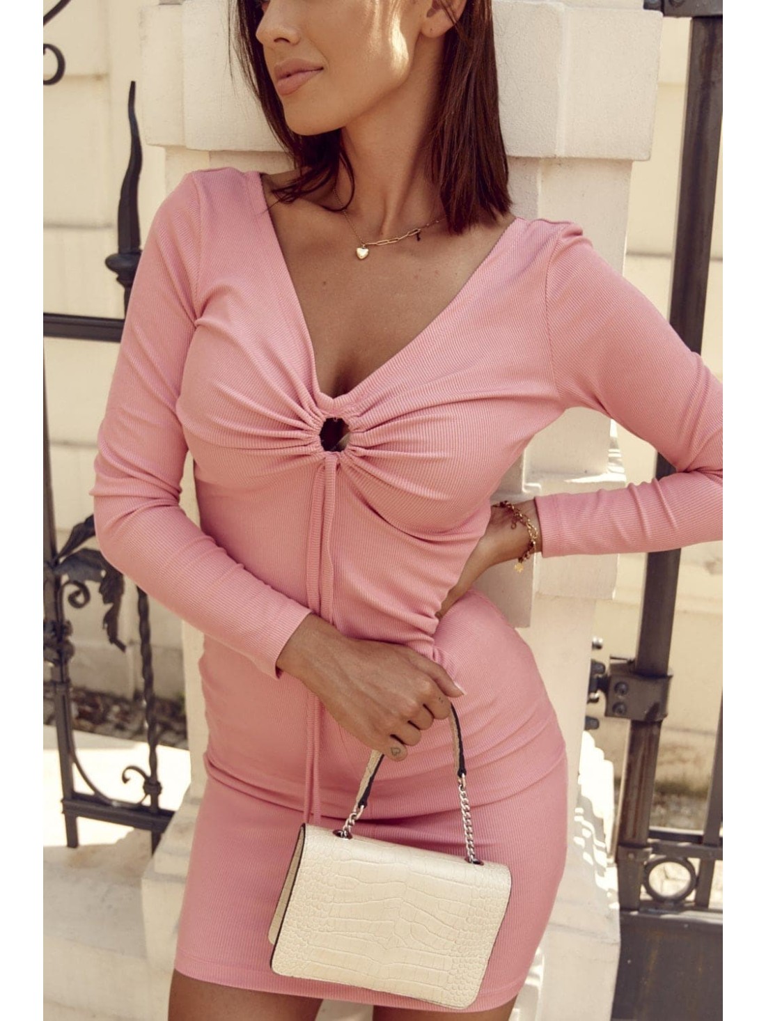 Ribbed dress with ruffles, pink FG596 - Online store - Boutique